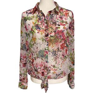 Liz Claiborne Long Sleeve Tie Front Floral Chiffon Blouse, Size Medium